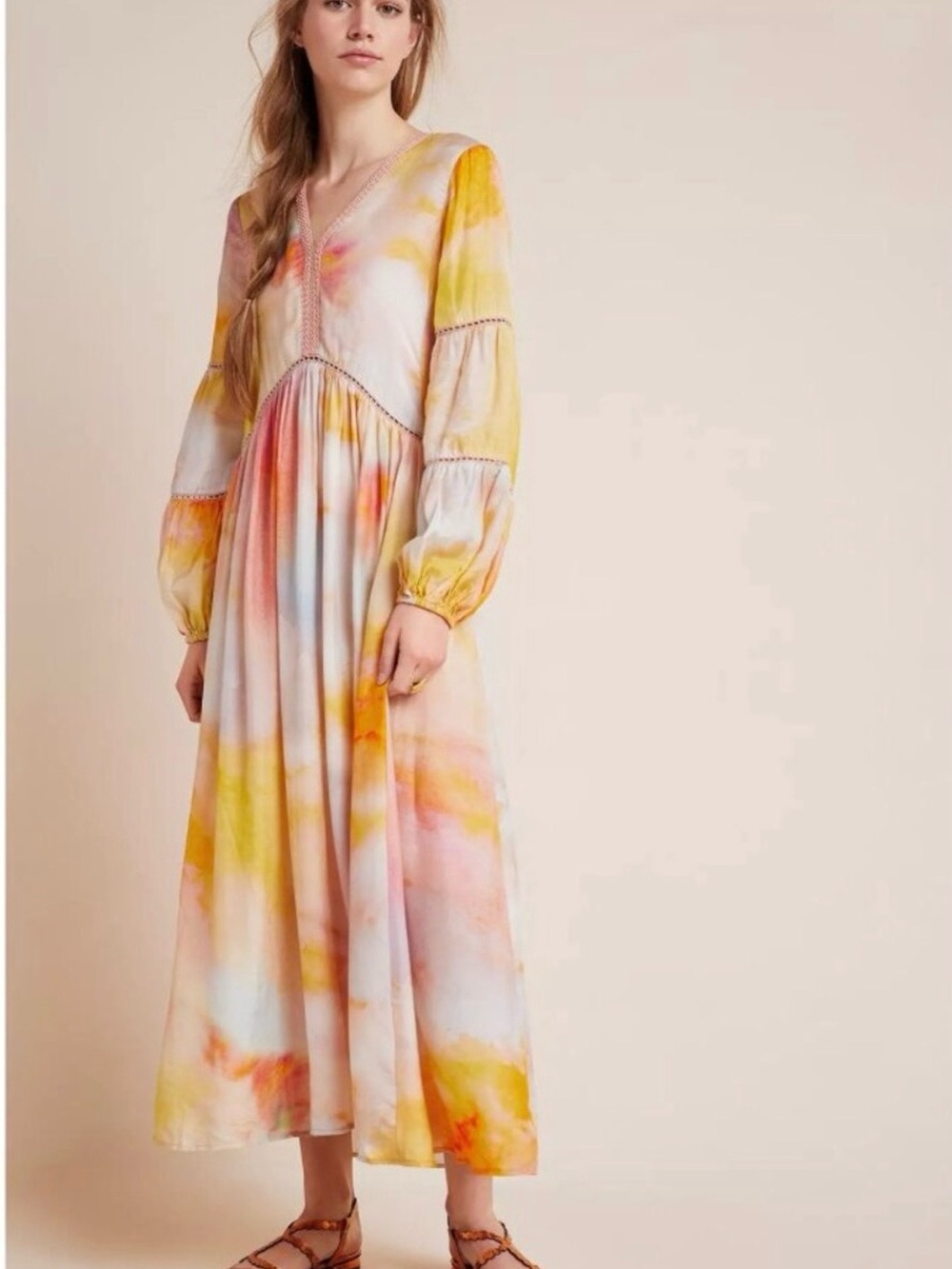 Anthropologie Pastel Tie-Dye V-Neck Maxi Dress - Yellow Pink Blue